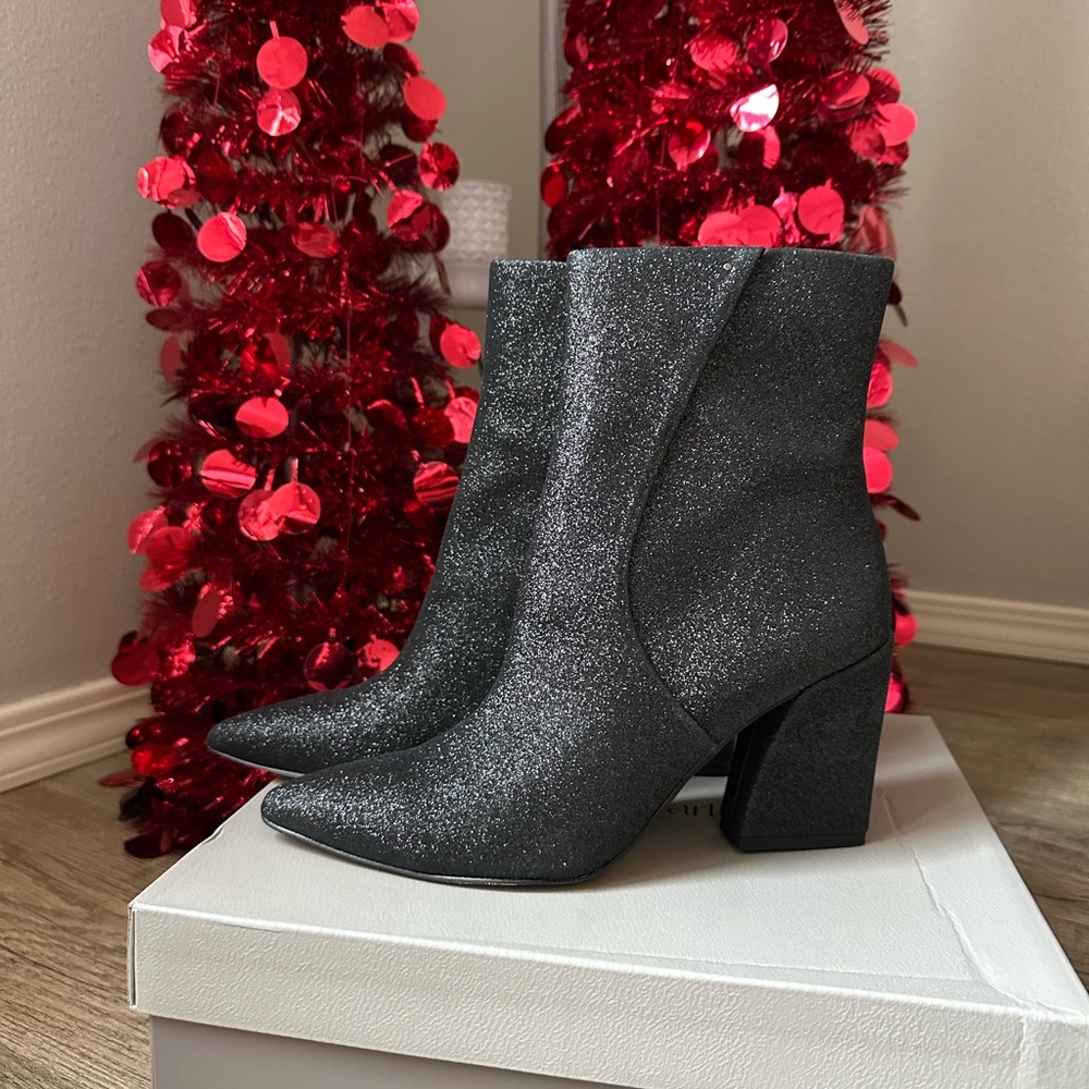 Franco Sarto Sparkling Black Heeled Boots NIB